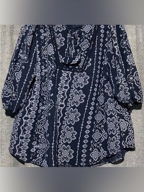Fair Haven Boho Tunic Balloon 3/4 Sleeve Elegant Navy Geometric Floral Blouse